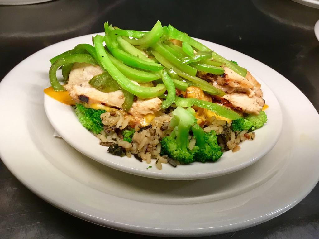 26. Wild Rice · Sauteed shrimp, mushrooms, Cheddar, and bell pepper.