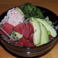 Aloha Poki · Spicy tuna, red onion, cucumber, crab, seaweed salad, avocado, corn, edamame, sichimi, kaiwa...