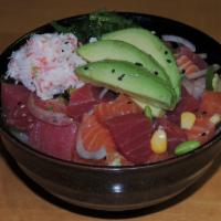 Gogo Poki · Spicy tuna, spicy salmon, red onion, cucumber, crab, seaweed salad, avocado, jalapeno, corn,...