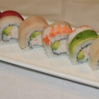 Rainbow Roll · In: crab and avocado. Out: tuna, salmon, shrimp and white fish.