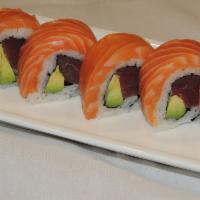 Orange Blossom Roll · In: tuna and avocado. Out: salmon.