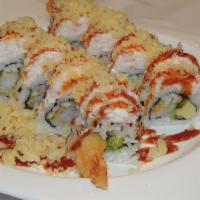Snow White Roll · In: shrimp tempura, cucumber and avocado. Out: crab and tempura crunch.
