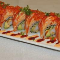 Washington Roll · In: shrimp tempura, cucumber and avocado. Out: salmon, spicy crab, tobiko and scallions.