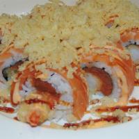 Julie's Favorite Roll · In: shrimp tempura and spicy tuna. Out: salmon and tempura crunch.