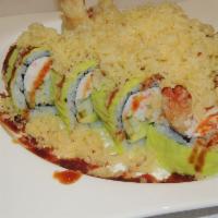 Crunch Roll · In: shrimp tempura, crab, avocado and cucumber. out: soy paper and tempura crunch.