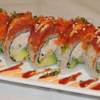 Red Dragon Roll · In: shrimp tempura, avocado, cucumber and crab. Out: spicy tuna, tobiko and scallions.