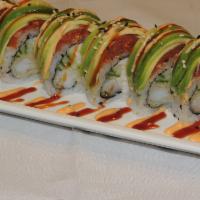 A's Roll · In: shrimp tempura, cucumber and crab. Out: spicy tuna and avocado.