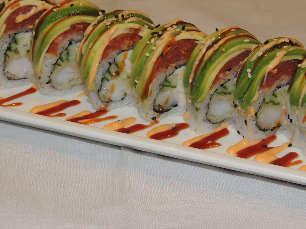 A's Roll · In: shrimp tempura, cucumber and crab. Out: spicy tuna and avocado.