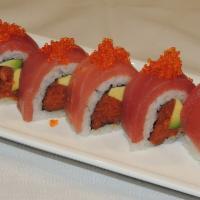Hawaiian Roll · In: spicy tuna and avocado. Out: tuna and tobiko.