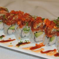 OMG Roll · In: crab and avocado. Out: spicy tuna, deep fried unagi, tobiko and scallions.