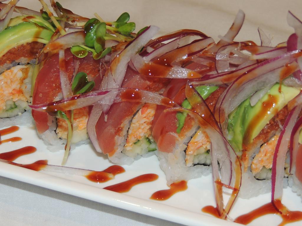 Red Hearts Roll · In: shrimp tempura, spicy crab and cucumber. Out: spicy tuna, tuna, avocado and red onion.