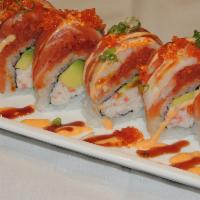 Island Roll · In: crab and avocado. Out: salmon, shrimp, spicy tuna, tobiko and scallions.
