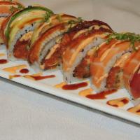 Raider's Roll · In: shrimp tempura, spicy tuna, cucumber, spicy crab and avocado. Out: tuna, salmon, unagi a...