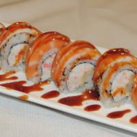 Little Nemo Roll · In: shrimp tempura and crab. Out: salmon and cooked shrimp.