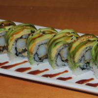 Caterpillar Roll · In: unagi, crab meat, shrimp tempura and cucumber. Out: slices of avocado.