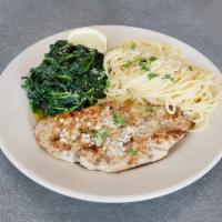 Grilled Chicken Italiano · Boneless breast of grilled chicken. Served with pasta, sauteed spinach and a small house sal...