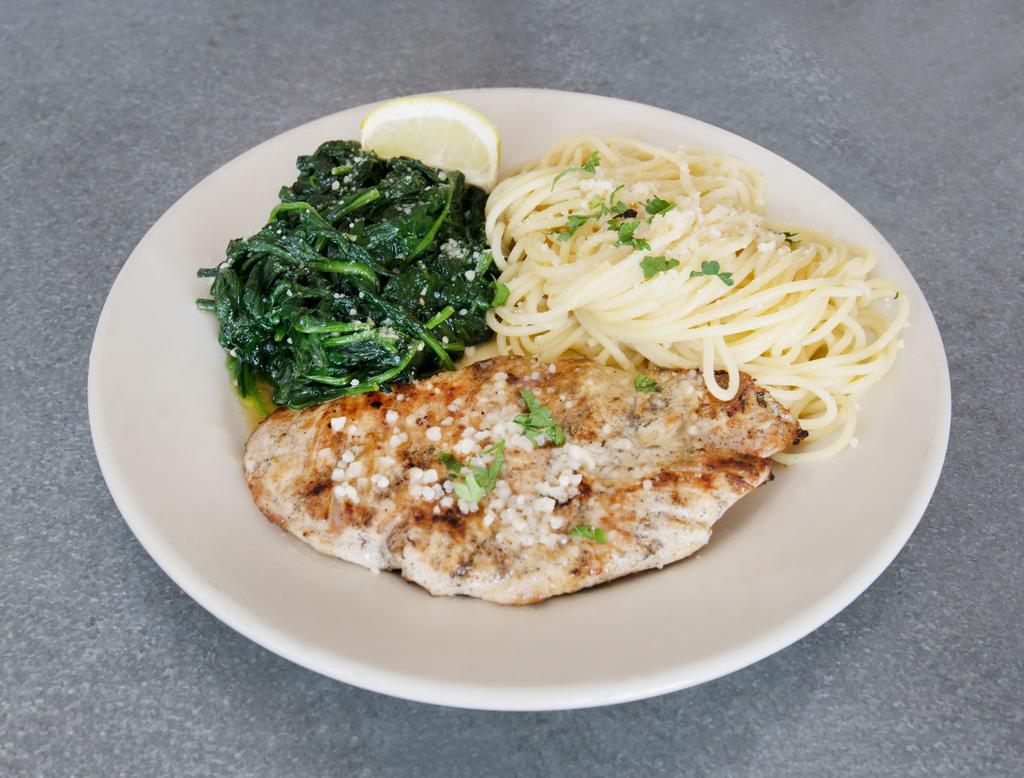 Grilled Chicken Italiano · Boneless breast of grilled chicken. Served with pasta, sauteed spinach and a small house salad.