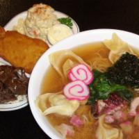 Tanaka Saimin · Large wun tun min, teri beef slice, shrimp tempura choice of: mac-potato or toss green salad.