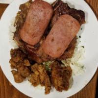 Hearty Man · Pork chop, crispy shoyu chicken, spam and rice.