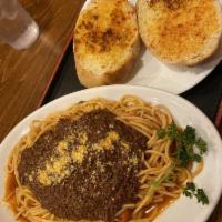 Spaghetti · Meat sauce, garlic bread.