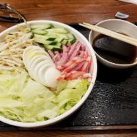 Cold Saimin Salad · Chilled saimin noodle, lettuce, ham, egg, bean sprout, cucumber and kamaboko.