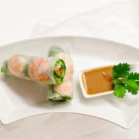 Shrimp Spring Roll · Fresh rolled rice paper with lettuce, herbs mixed, rice noodles, shrimp and peanut sauce on ...