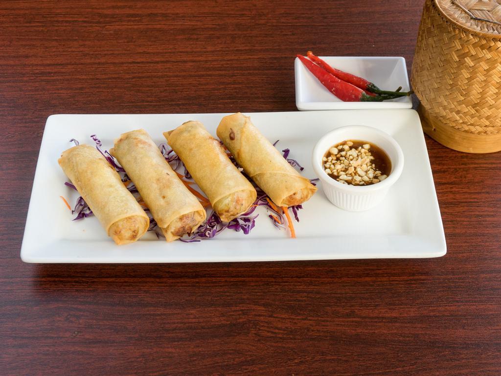 Lumpia Rolls · Handmade fried rolls with cabbage, carrots, pork, celery, noodles and onion. Served with sweet plum sauce and topped with peanuts.