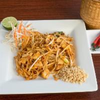Pad Thai Noodle · Stir fried rice noodle, egg, bean sprouts and green onions. Served with carrots, crushed pea...