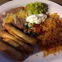 3 Flauta Dinner · Chicken flautas with rice, beans, sour cream and guacamole.