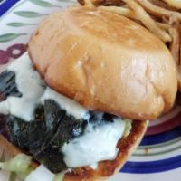 Green Chili Burger Combo · Topped with roasted poblano pepper and melted cheese, comes with lettuce, tomato and chipotl...