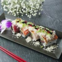 Angel Roll · Blackened tuna, asparagus, inside, topped with tuna, salmon, yellowtail, eel, wasabi and man...