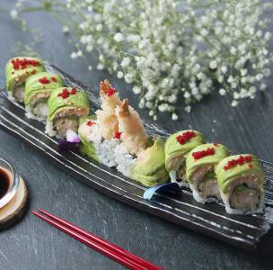 Special Girl Roll · Two piece shrimp tempura, asparagus inside, top with lobster salad, avocado with special sauce. 
