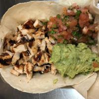 Chicken Burrito · Brown rice, Black beans, Guacamole and Pico de gallo