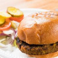 Veggie Burger · Served with lettuce, tomato, red onion, and pickles.