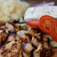 Chicken Souvlaki Platter · Served with choice of side, salad, pita bread and tzatziki sauce.