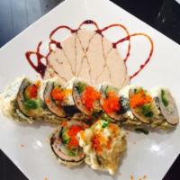 A's Roll · Deep Fried roll. Crab meat and avocado topped with salmon,  tobiko. chef special sauce on th...