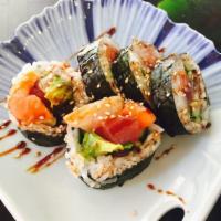 Crazy Monkey Roll · 5pcs. Tuna, salmon, hamachi cucumber, avocado and eel, topped with tobiko and eel sauce.