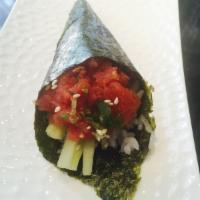 Spicy Tuna Hand Roll · Spicy tuna and cucumber. Hand roll, one cone shaped piece. Spicy.