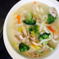 Chicken Udon · Noodles with chicken and vegetables in broth.