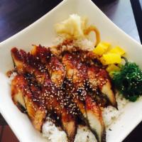 Unagi Don · BBQ eel over rice. Served with salad and miso soup.