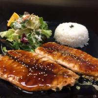 Salmon Teriyaki · Served with rice, miso soup and salad.