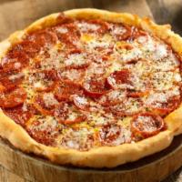 Pepperoni Pizza · Pomodoro sauce, mozzarella cheese, black olives and anchovies.