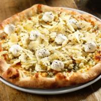 Zio Carmelo Pizza - Four Cheeses · White sauce, mozzarella cheese, mozzarella di bufala, Gorgonzola and pecorino cheese.