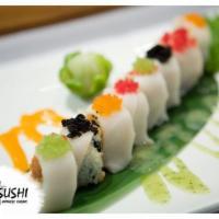 Cool River Roll · Spicy tuna tempura flake inside topped with escolar, tobiko served honey wasabi sauce. Raw. ...