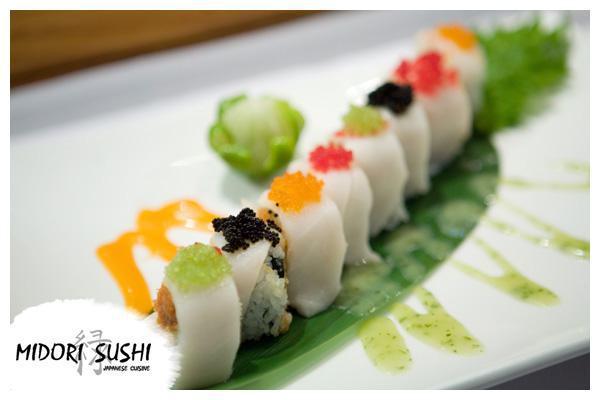 Cool River Roll · Spicy tuna tempura flake inside topped with escolar, tobiko served honey wasabi sauce. Raw. Spicy.