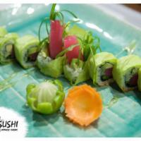 Paradise Roll · Fresh tuna, avocado, scallion inside, and wrapped in rice paper, served with sweet wasabi sa...