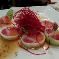 Heavenly Roll · Diet roll, without rice. Tuna, salmon, yellowtail, shrimp, and wrapped with fresh cucumber, ...