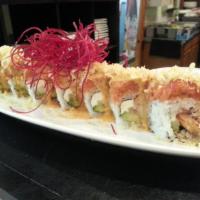 Hot Night Roll · Shrimp tempura, avocado, cucumber, cream cheese, and crab stick inside topped with spicy tun...