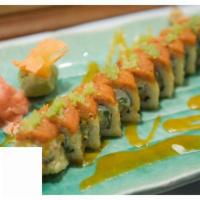 Big Fire Roll · Deep-fried roll with shrimp tempura, cream cheese, avocado, jalapeno, spicy tuna, and wasabi...