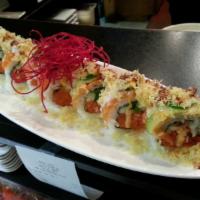 Spicy Murphy Roll · Spicy tuna, cucumber and jalapeno inside topped with salmon, avocado, jalapeno and tempura f...